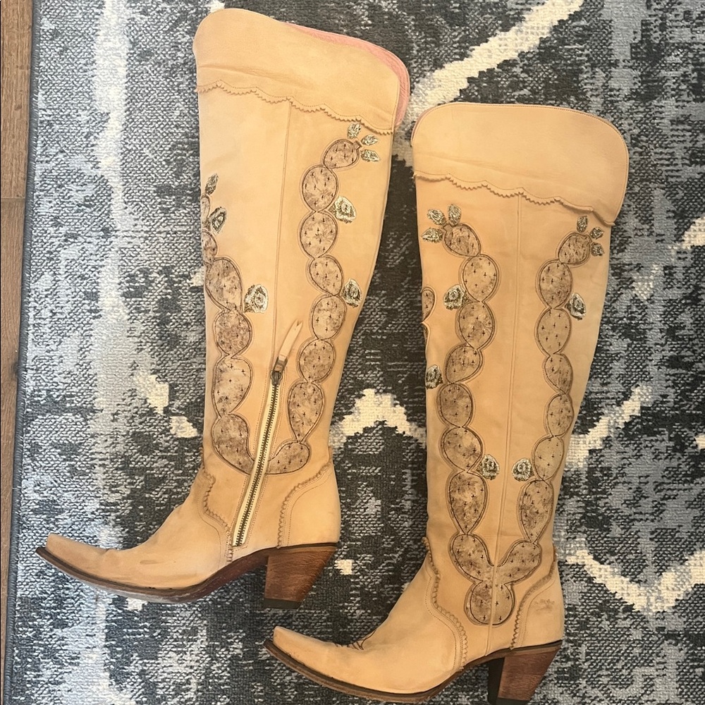 Elegant Tan Embroidered Over the Knee Boots